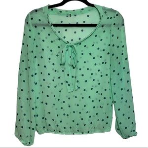 Wishful Park Mint Green w/ Navy Blue Polka Dots Sheer Blouse (Size: S)
